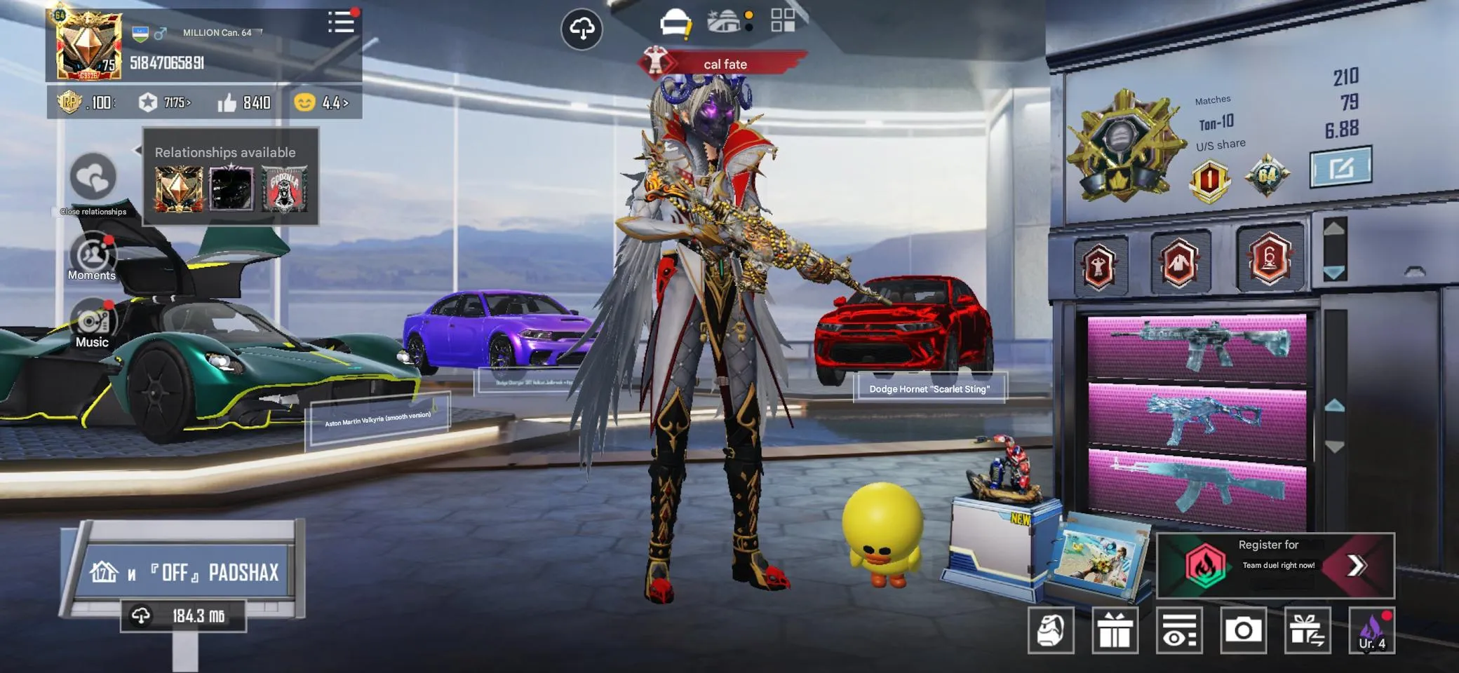 PGM267 7 Ultimates, 100+ Mythics, 2 Mummies, 5 X-Suits, Shut Evo Lv.4, 19 Kill Chats, 30+ Lab Guns, Conq Rank, Cars (G)